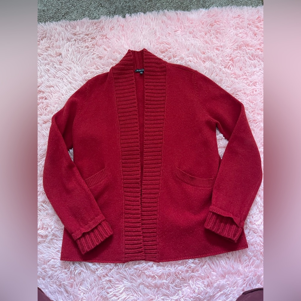 Eileen Fisher Red Wool Cashmere Open Cardigan Sweater Women’s Small Italian Yarn - Picture 2 of 4